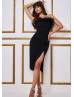 Strapless Black Feather Jersey Midi Party Dress